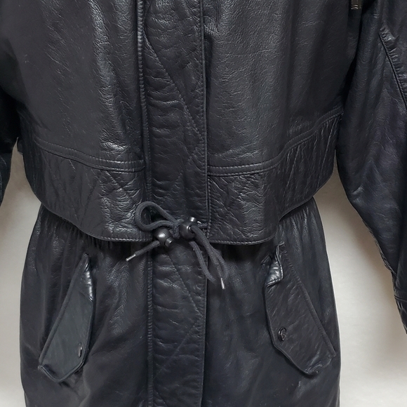 VINTAGE 80s Zenia Black Leather Hooded Tie-Waist Thermolite Lined Layered Jacket - Picture 8 of 16